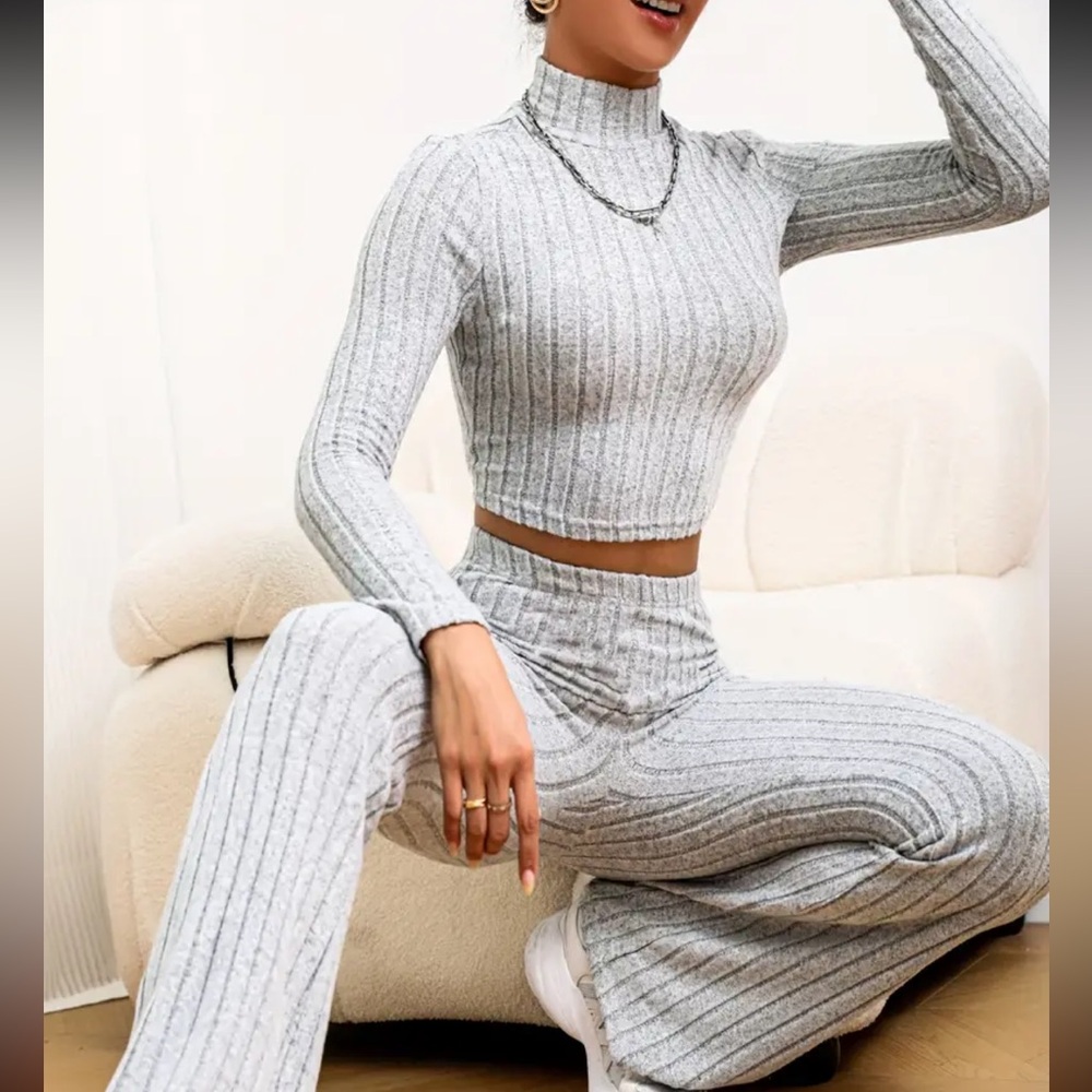 Gray Ribbed Knit Two-Piece Set - image 2